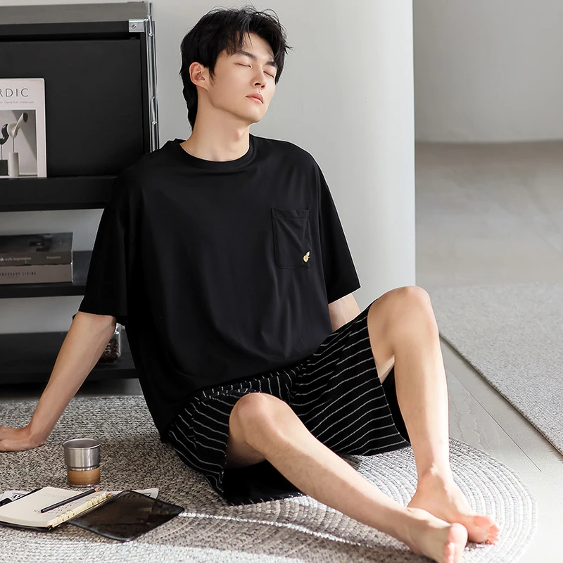 莫代尔男士睡衣夏季薄款短袖圆领套头纯色简约休闲黑色家居服套装