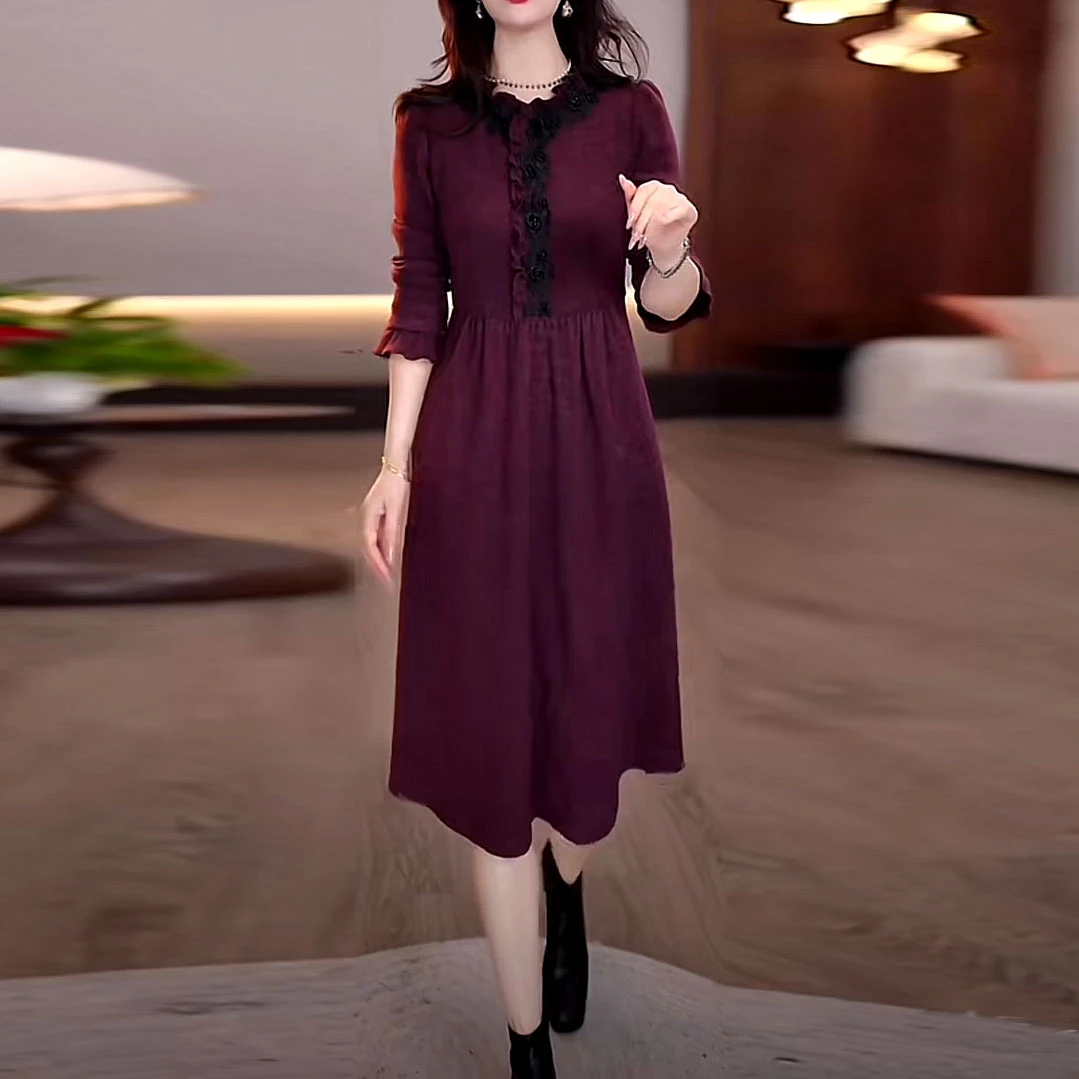 时尚雪花绒气质洋气加厚礼服裙2025秋冬新款修身遮肚打底连衣裙子