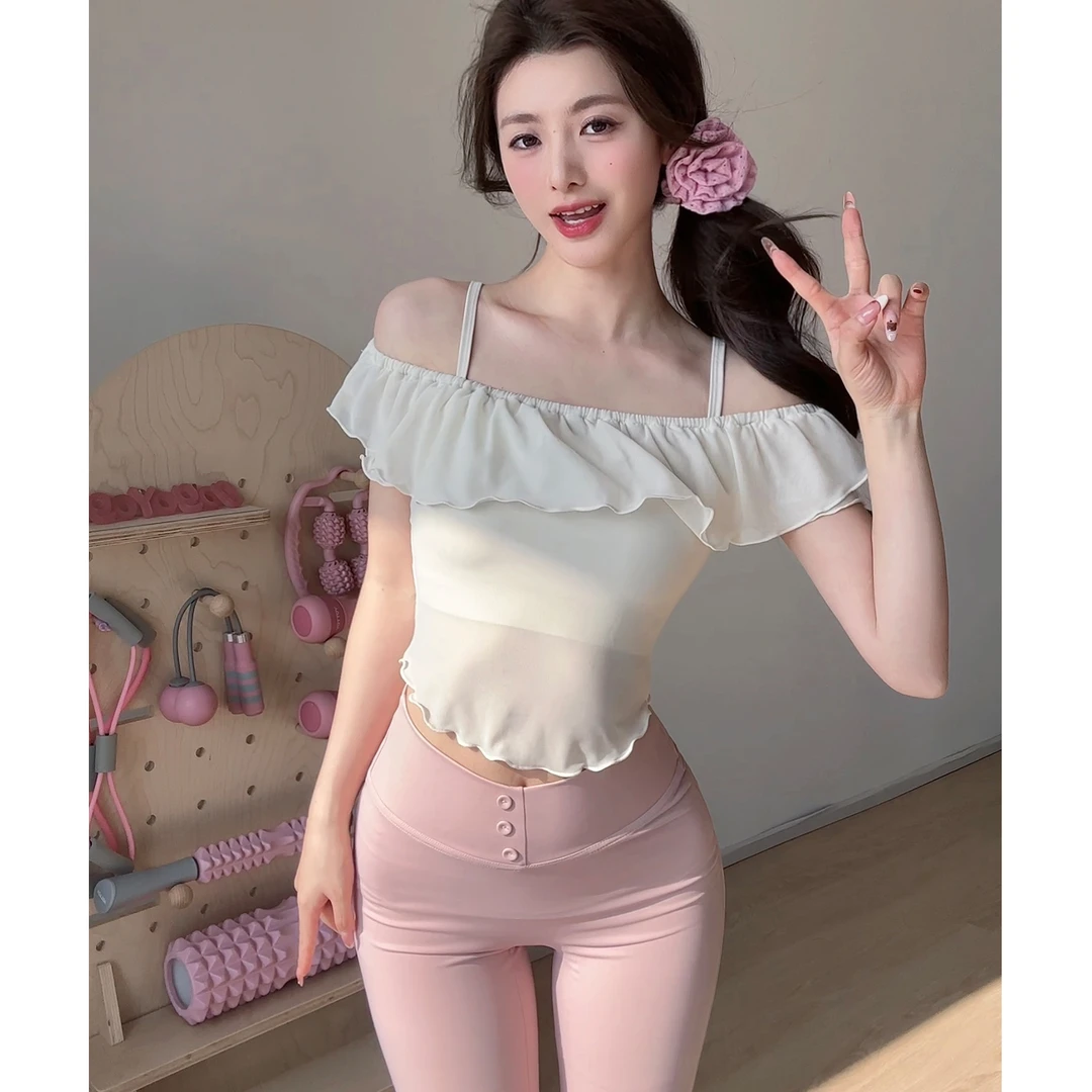 一字肩修身短袖上衣显瘦夏季带胸垫气质紧身运动普拉提训练上衣