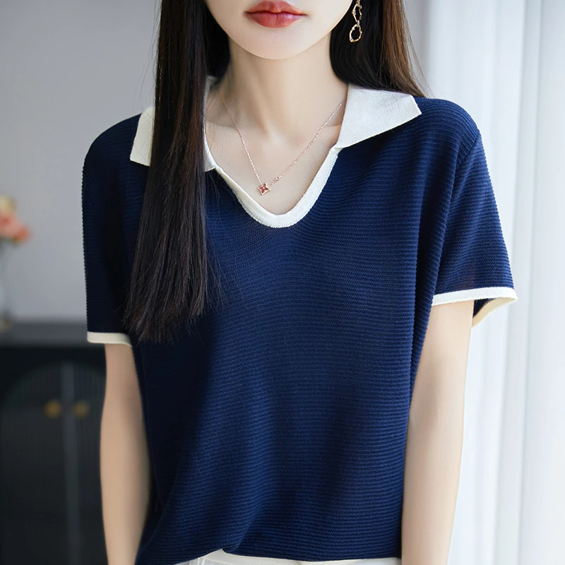 品牌正品女装夏季新款翻领女士针织衫短袖T恤休闲撞色正肩上衣