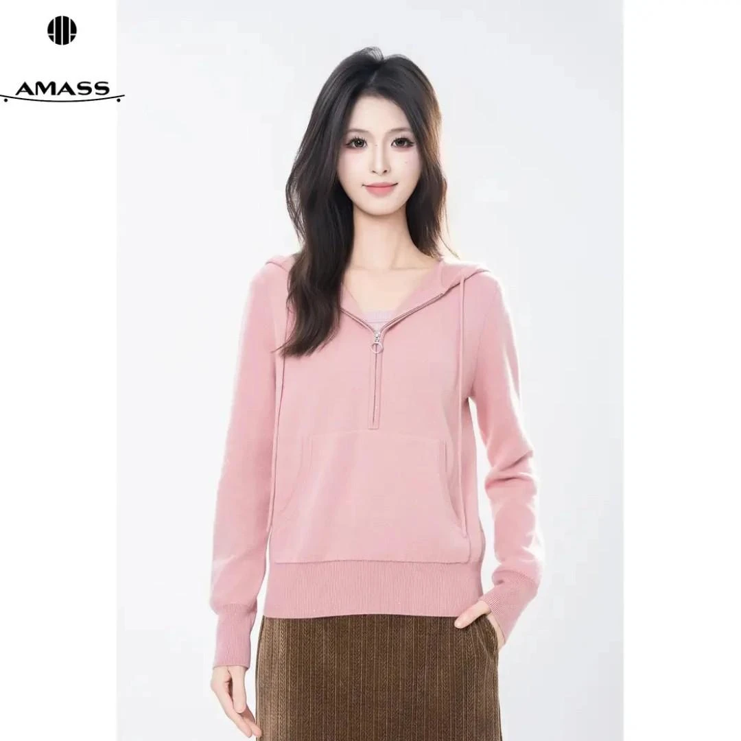 AMASS/阿玛施秋季新款时尚舒适松弛感半开领休闲连帽针织衫538083