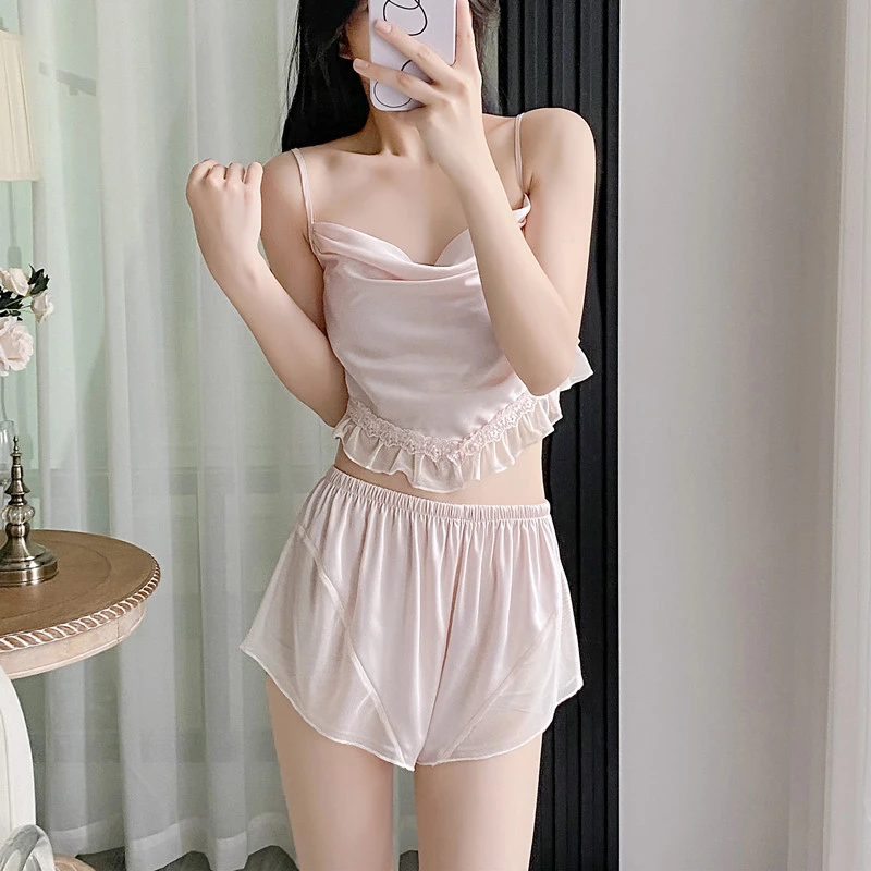 2025夏季新款爆款绸面吊带薄款清凉舒适睡衣蕾丝带胸垫居家服