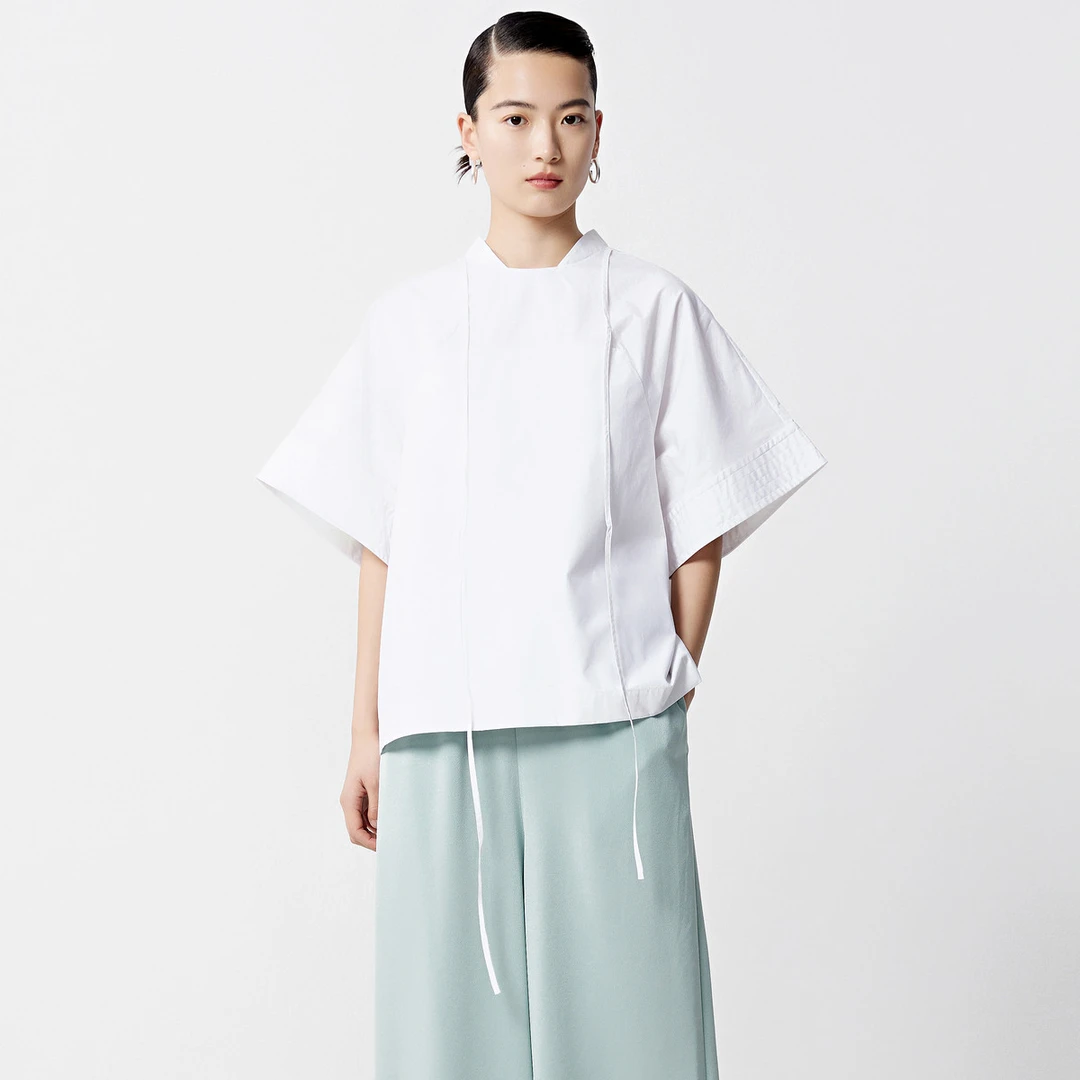 【冬姐精选】ZHUCHONGYUN优雅气质原创设计感纯棉白色短袖衬衫女