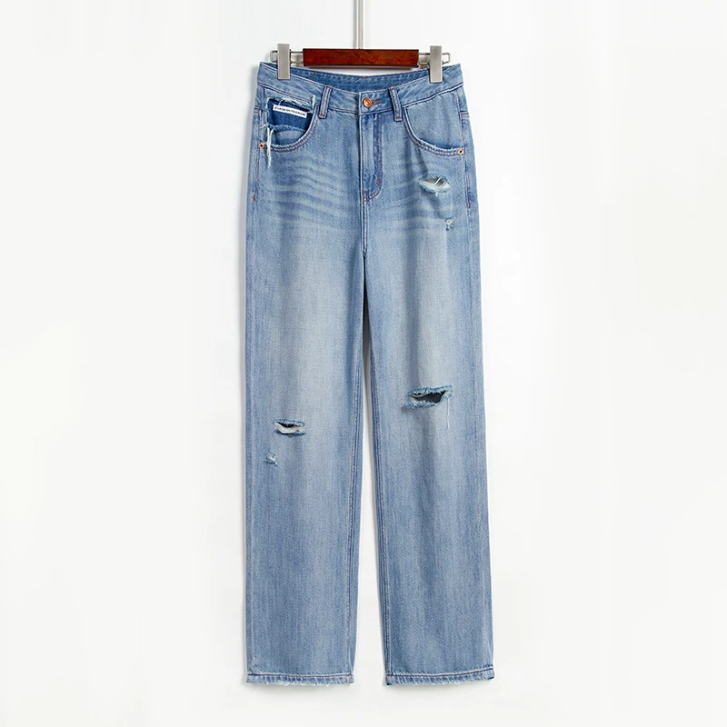 自媒体夏季醋酸破洞直筒阔腿牛仔裤修身百搭2025新款女裤子059