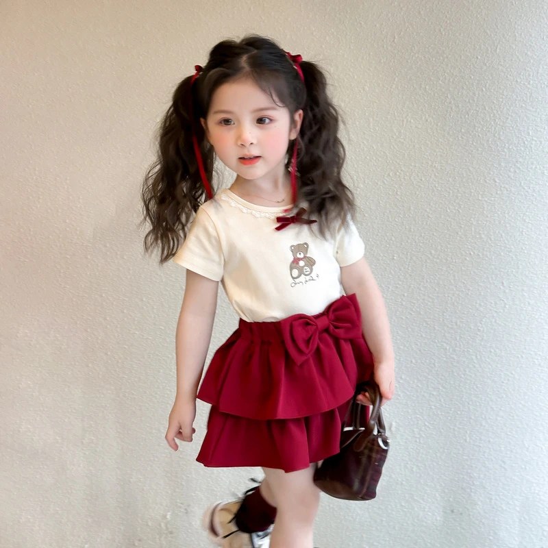 女宝夏款套装2025新款女童短袖上衣蛋糕裙两件套甜美可爱周岁服