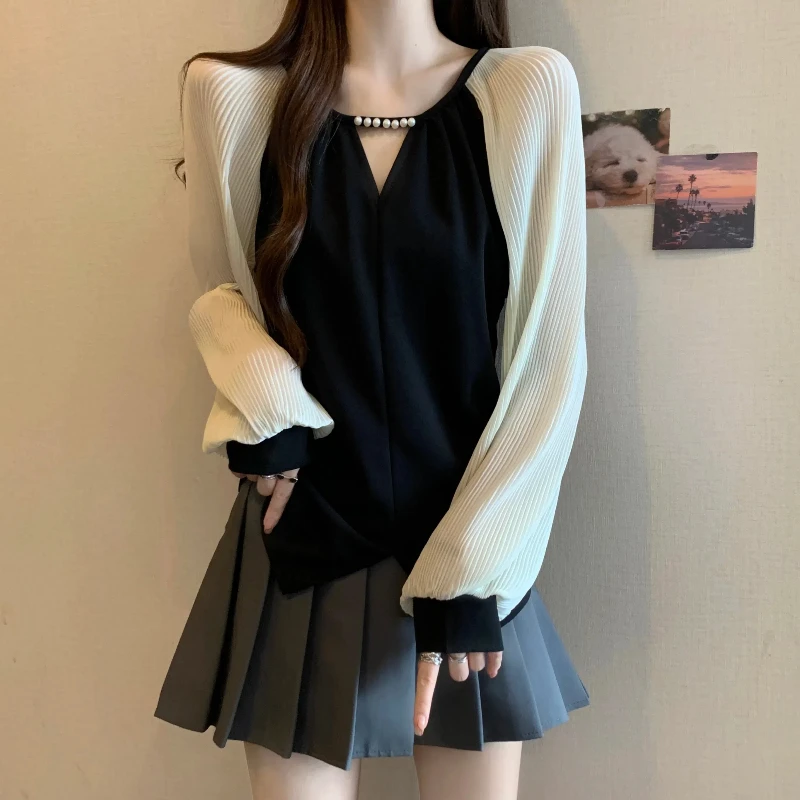 高级感轻奢法式钉珠V领长袖衬衫大码女装2025秋季胖mm插肩袖上衣