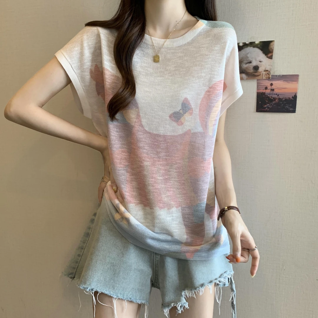 设计感冰丝短袖T恤女夏季新款大码胖mm宽松遮肚子减龄上衣显瘦