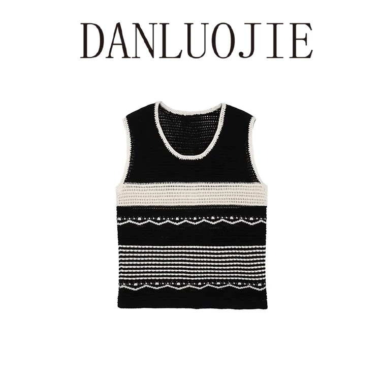 丹珞婕  乘风破浪100高捻棉手工勾针撞色波浪边条纹U领无袖上衣