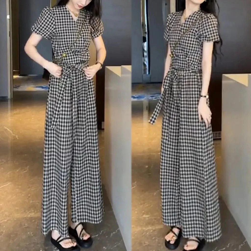 2025夏季新款时尚小个子复古显瘦格子短袖上衣阔腿裤子两件套装女