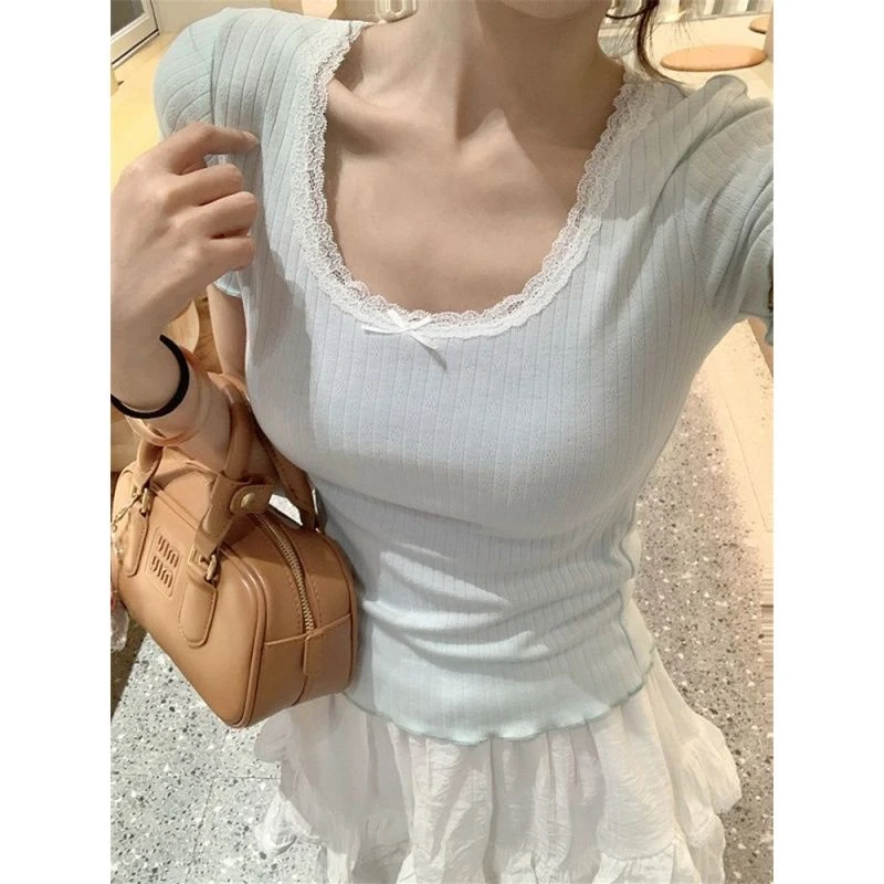 芭蕾风纯欲蕾丝花边白色短袖t恤2024夏季新款女装修身U领甜辣上衣