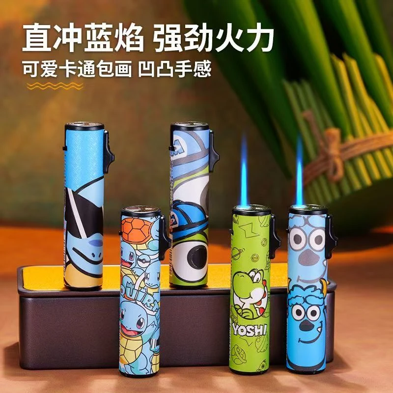 新款创意圆柱卡通直冲可充气防风打火机炫酷蓝焰送男女朋友礼物
