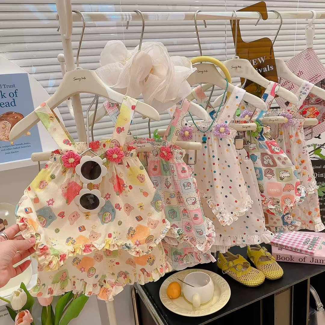 2025新款女童裙套装碎花可爱风套装卡通图案凉爽家居服直供