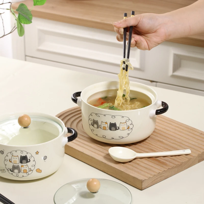 可爱陶瓷泡面碗带盖宿舍学生饭碗食堂打饭专用一人食碗筷餐具家用