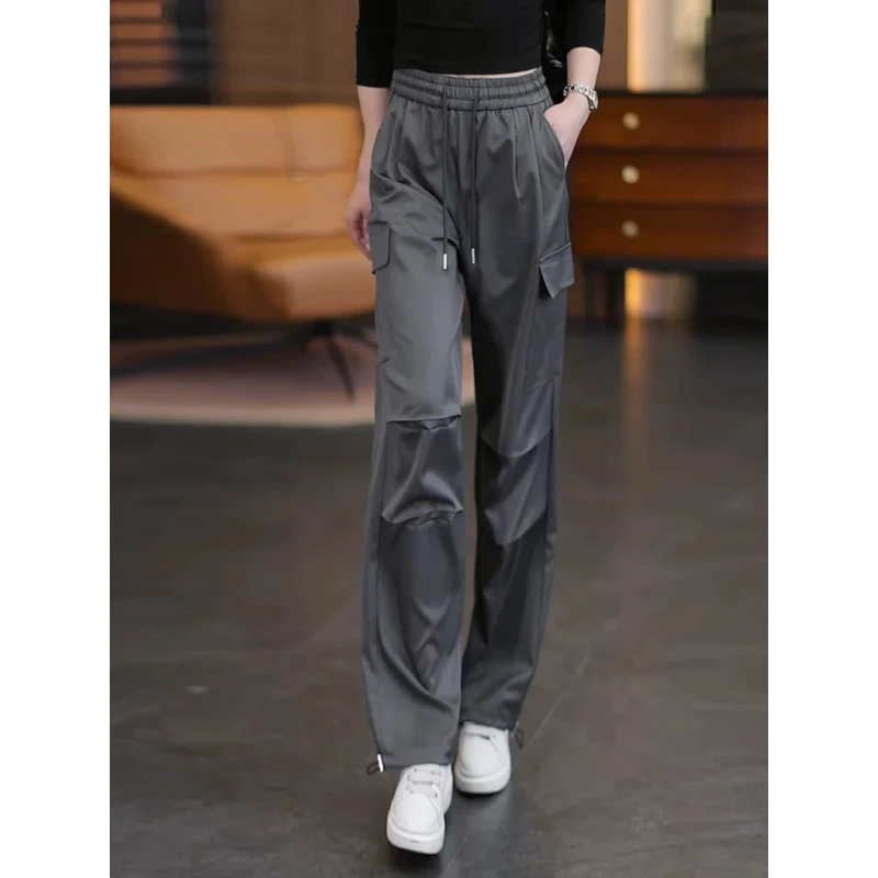 阔腿工装裤女春秋季2025新款松紧腰抽绳多口袋户外休闲直筒运动裤