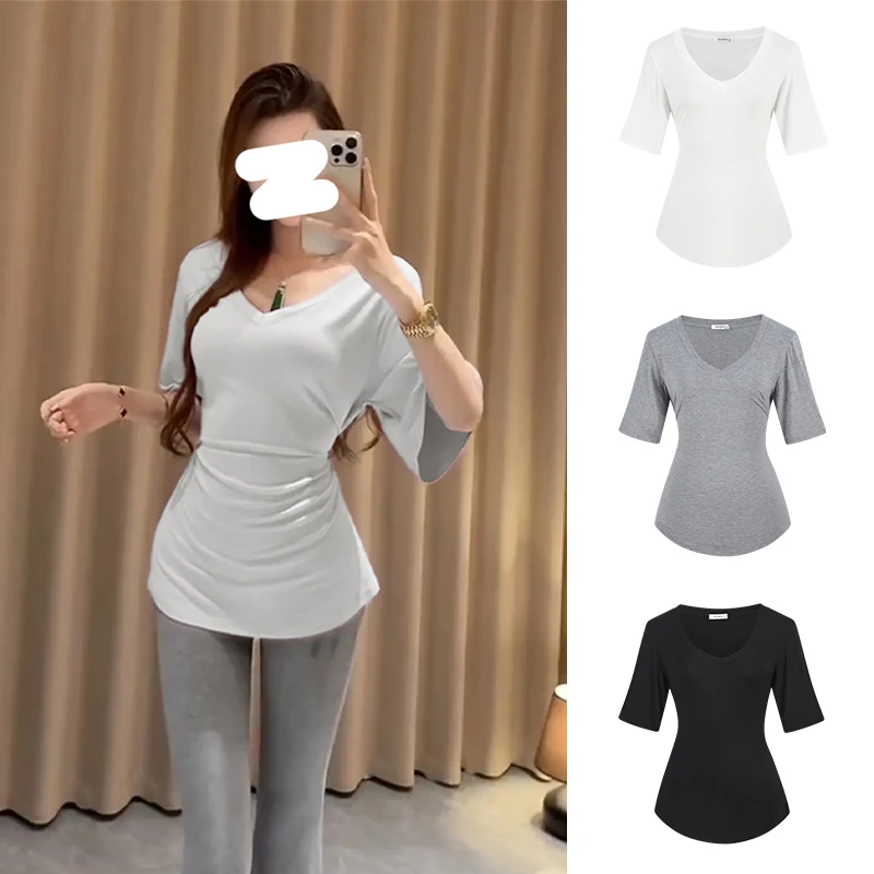 Moses Queen/魔西女王不规则下摆V领短袖T恤夏季纽扣收腰显瘦上衣