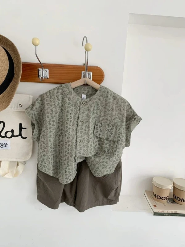 男童短袖衬衫套装2025夏季新款儿童时尚洋气两件套复古童装潮