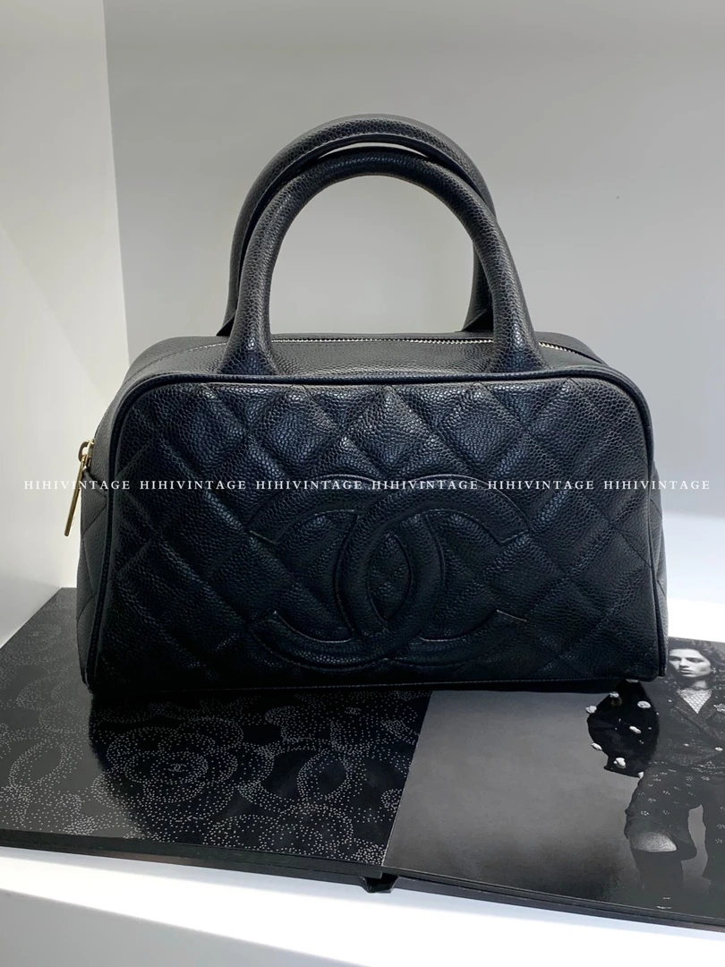 95新 Chanel/香奈儿 03P黑色荔枝纹保龄球手提包 小号 7开