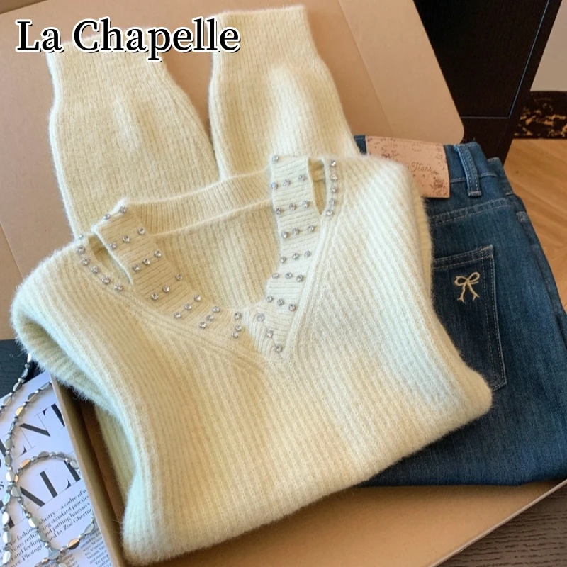 拉夏贝尔秋冬新款高级感v领镶钻针织衫洋气百搭宽松显瘦套头毛衣