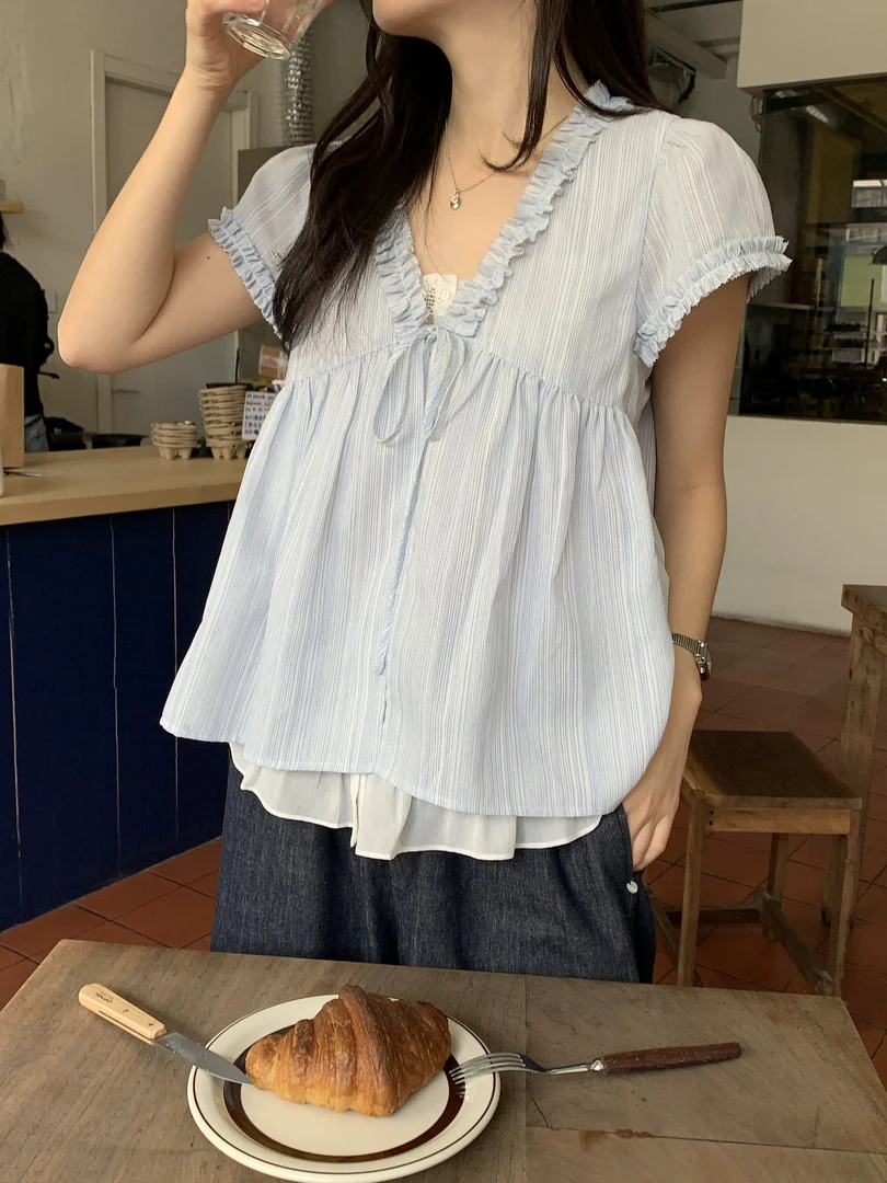 2025夏季新款小清新系带蓝色条纹假两件短袖衬衫女