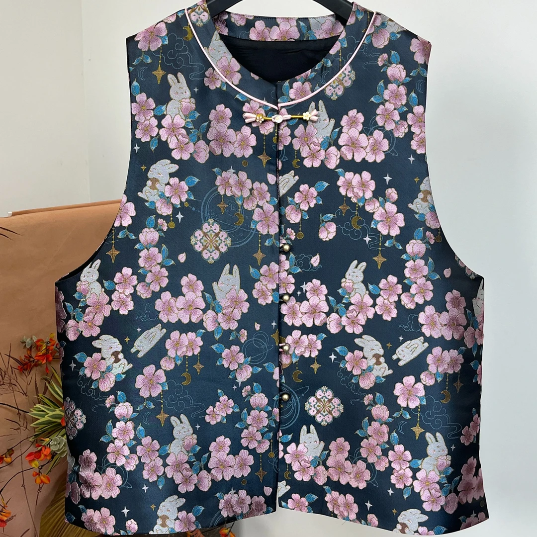 大码织金宋锦马甲【藏青色玉兔海棠】