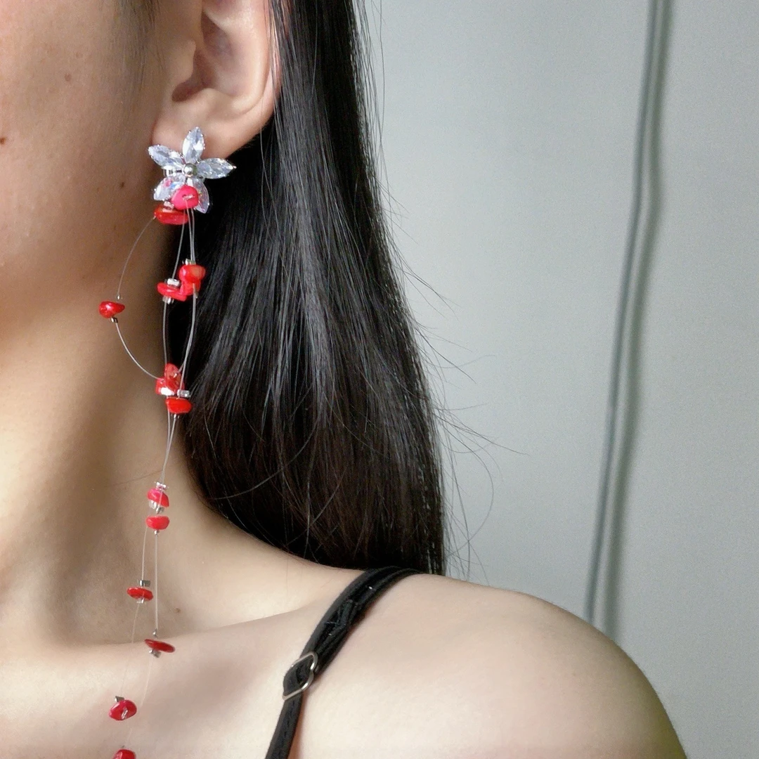 铜合金锆石耳饰 甜美小清新水花朵不规则流苏耳环时尚优雅高级感