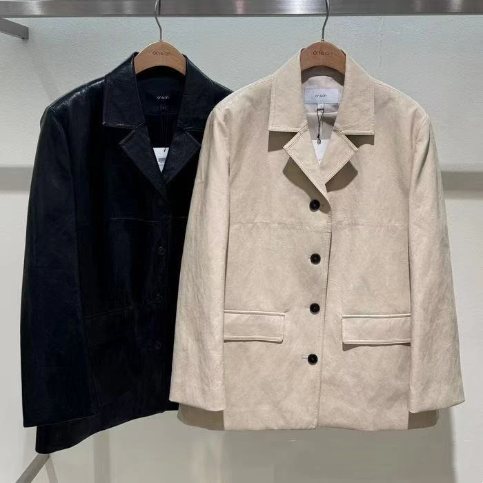 on25年春夏新款油蜡工艺西服款蛋白皮皮衣外套SS25106