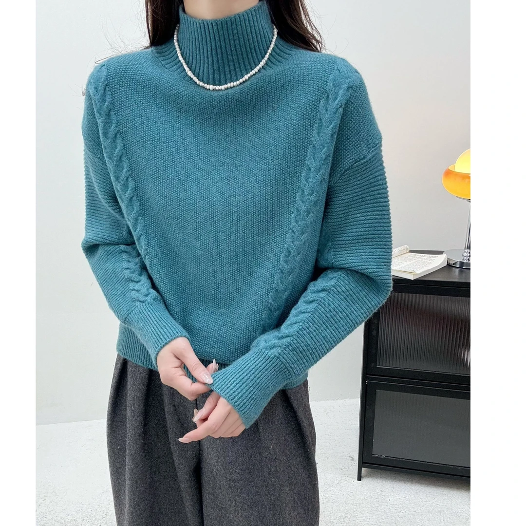 RC【中领落肩两麻花毛衣】毛衣女装宽松新款冬季女士内搭打底衫