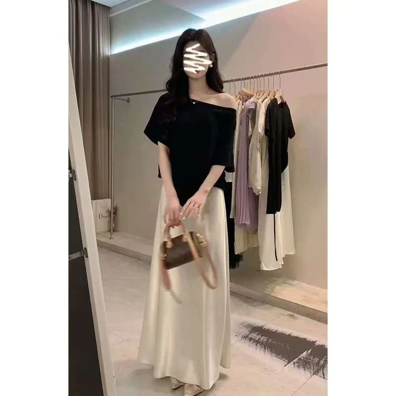 2025夏季新款女法式高级感百搭露肩短袖上衣气质高腰显瘦半身裙