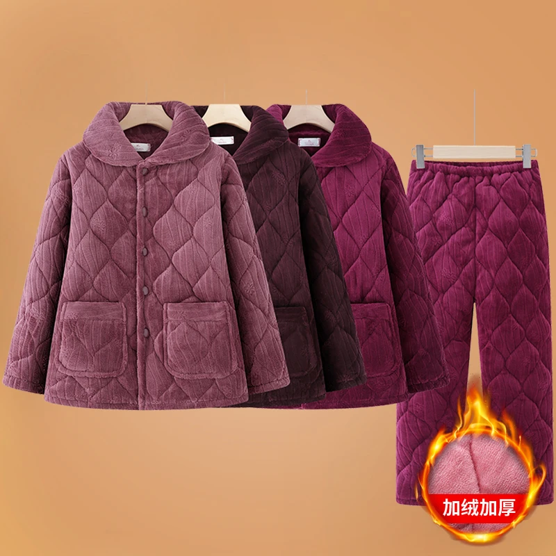 中老年人冬装女奶奶睡衣套装妈妈加绒加厚袄服居家服棉衣奶奶棉服