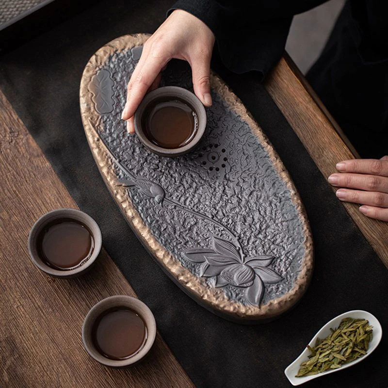 日式粗陶鎏金铁釉大号茶盘陶瓷双层蓄水储水排水两用干泡茶托茶
