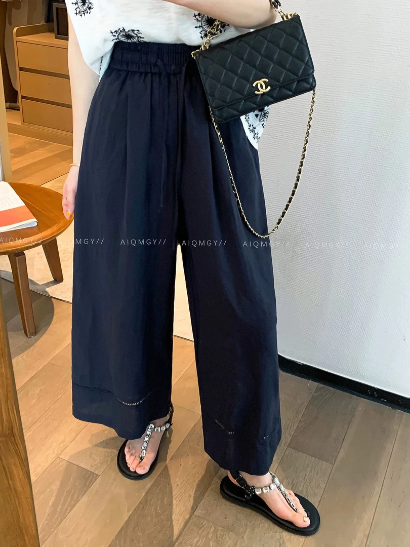 夏款宽松藏青九分阔腿裤
