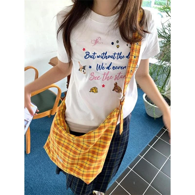 随心裁韩系少女短袖正肩T恤字母动物刺绣童趣减龄显瘦夏季上衣