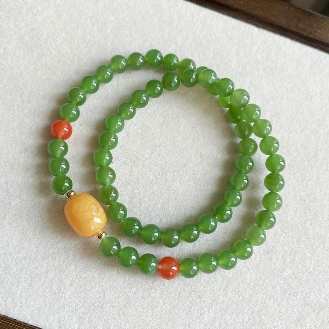 【显白无黑点】18k金老料冰底俄罗斯碧玉果绿色手串天然和田玉手串