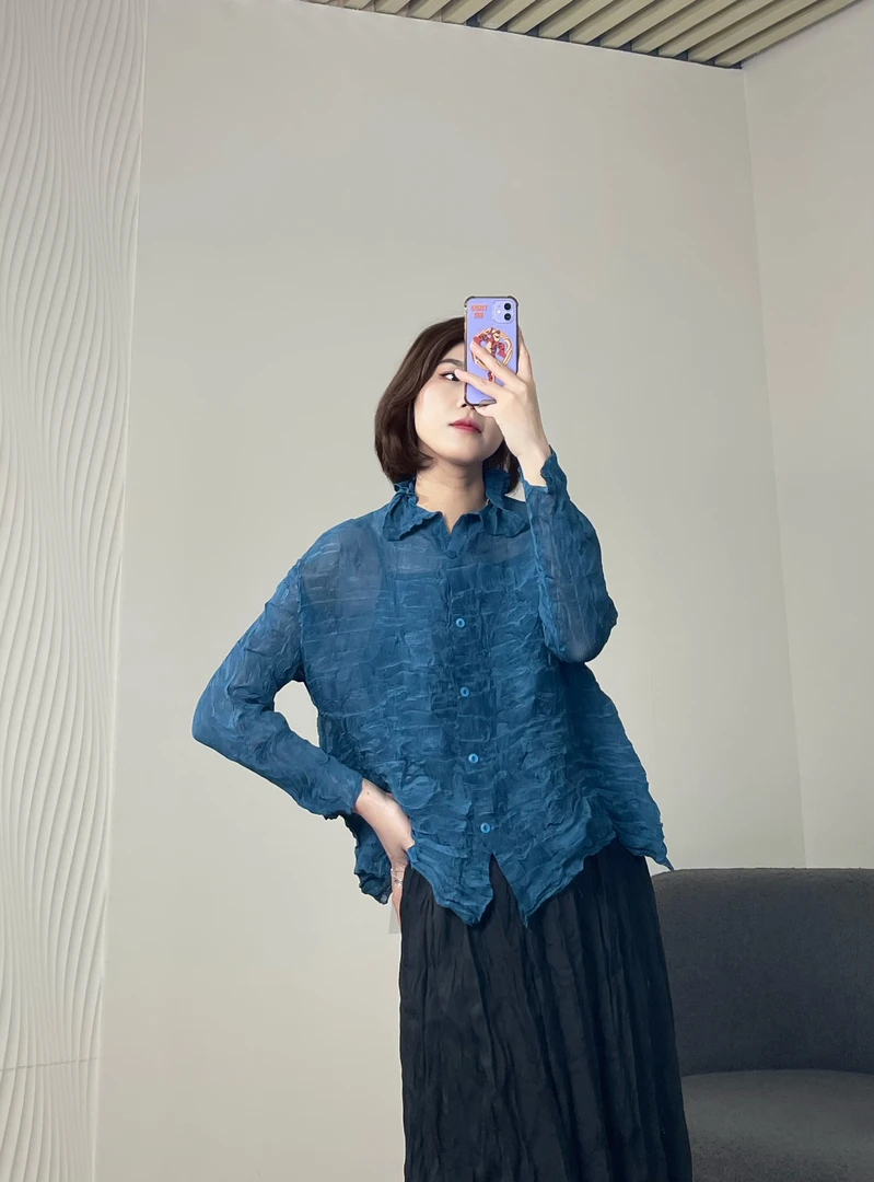 【摺之韵专属】铛铛衫高定褶皱春夏薄款休闲时尚气质百搭防晒衣8663