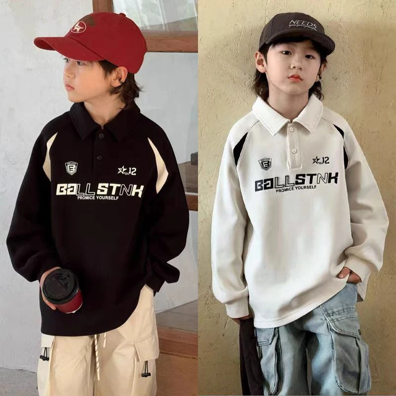 儿童上衣童装长袖女童男童中大童翻领POLO衫秋冬洋气休闲白色韩版