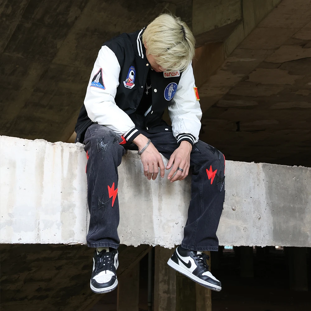 THIS WOW贺新年红色牛仔裤501蛇年黑红高盎司宽松直筒裤子男女