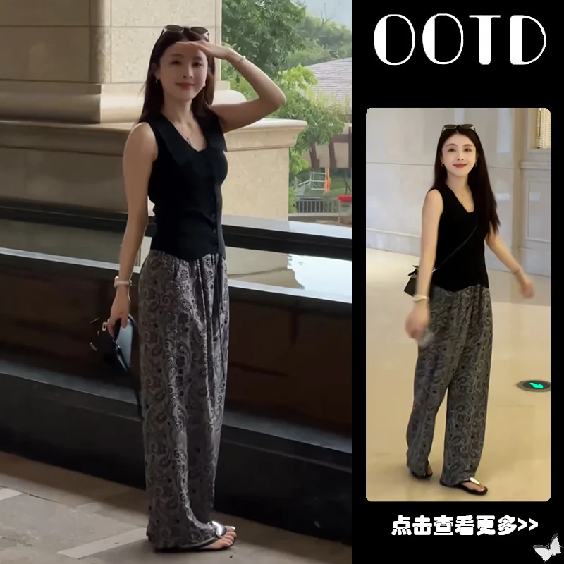 夏季流行穿搭一整套女2025新款韩版翻领无袖上衣百搭阔腿裤两件套
