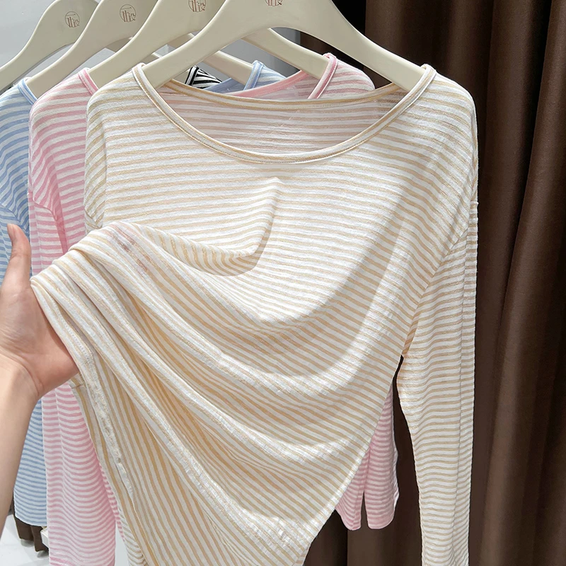 咖白条纹大圆领宽松长袖上衣女2025春季中长款外搭休闲风T恤小衫