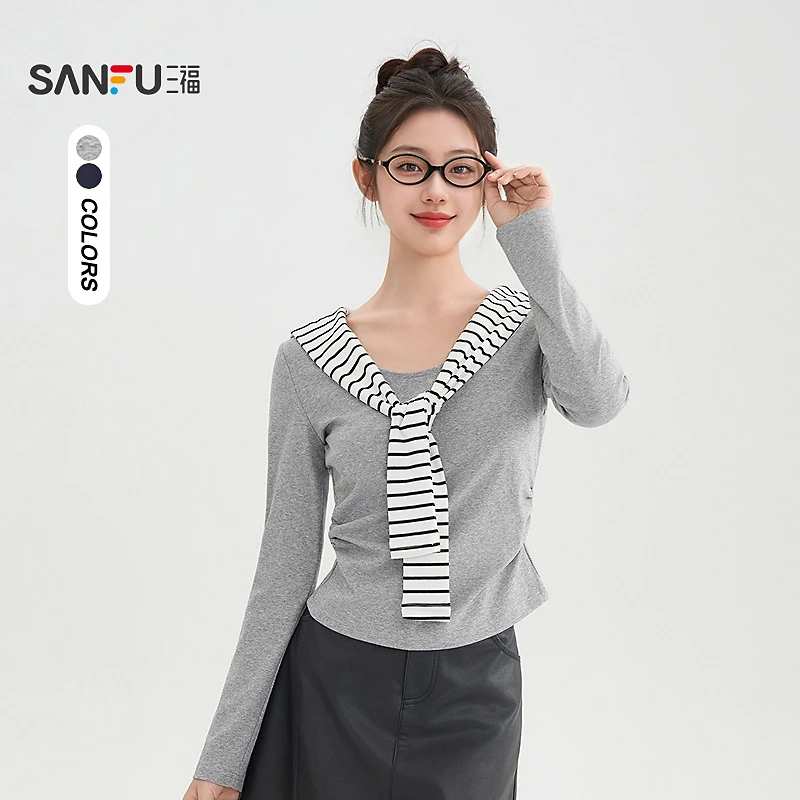 三福长T恤2026春季条纹披肩褶皱收腰搭片绑带上衣女装514413