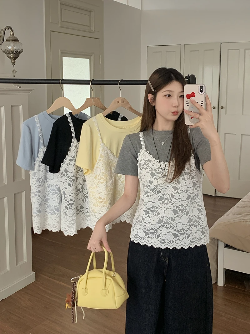 Q2025夏装新款胖mm大码女甜美蕾丝吊带短袖T恤叠穿两件套21505