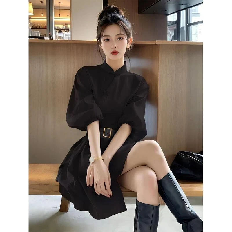 2025春秋新款新中式国风黑色盘扣衬衫连衣裙女时尚气质高级感裙子