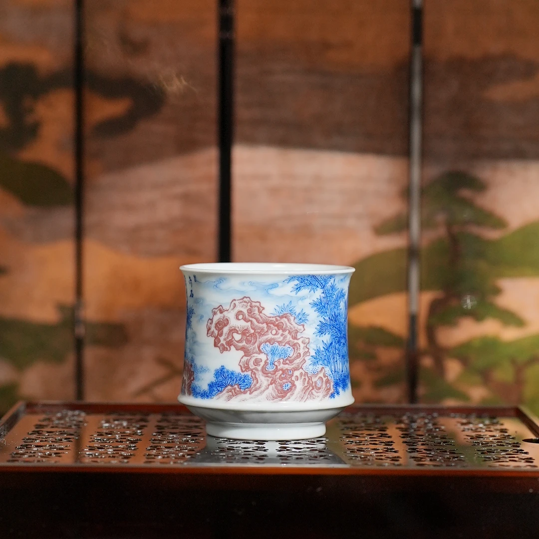 元煦丨青花釉里红矾红图主人杯80ml景德镇陶瓷手工手绘茶杯茶具