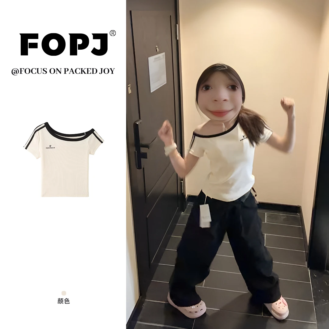 FOPJ美式辣妹斜肩短袖T恤女夏季新款学院风设计感条纹拼接上衣女