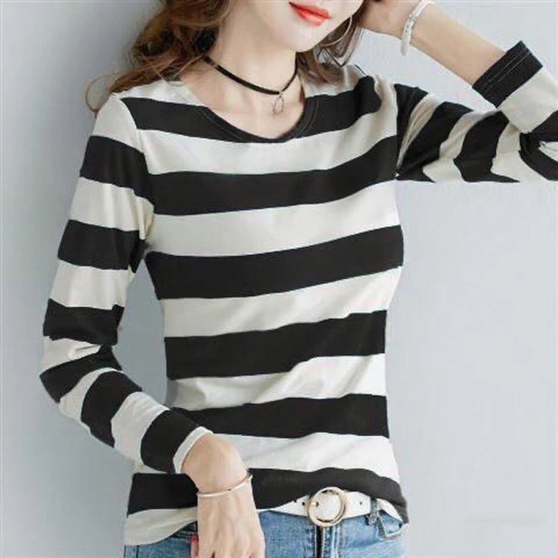 条纹长袖T恤女秋冬打底衫内搭时尚新款圆领休闲韩版洋气百搭上衣