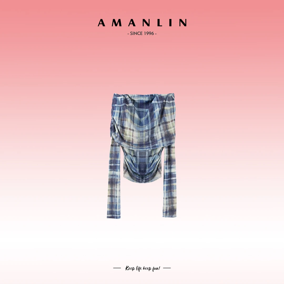 AMANLIN/阿谩琳春季新品欧若风一字肩修身格纹长袖上衣女F595565
