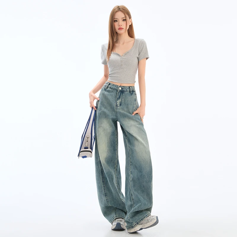 GL 美式海盐蓝竹节纹宽松阔腿拖地牛仔裤女弯刀设计拼接复古小众