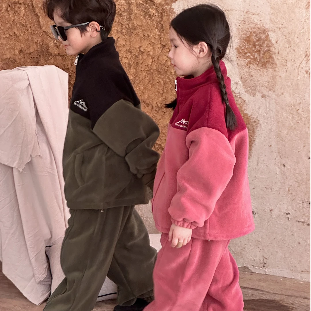 【现货】儿童冬季套装加绒加厚夹棉男童女童拼色刺绣姐弟款兄妹装