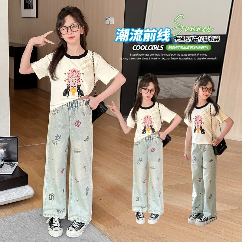 女童夏季套装2025新款洋气时尚国风短袖T恤印花两件套牛仔裤薄款