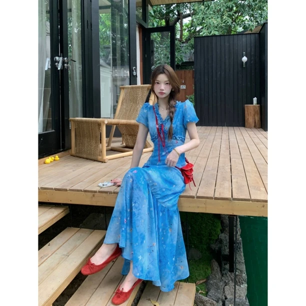 复古立体印花气质V领蝴蝶结度假长款连衣裙夏季短袖收腰显瘦裙子