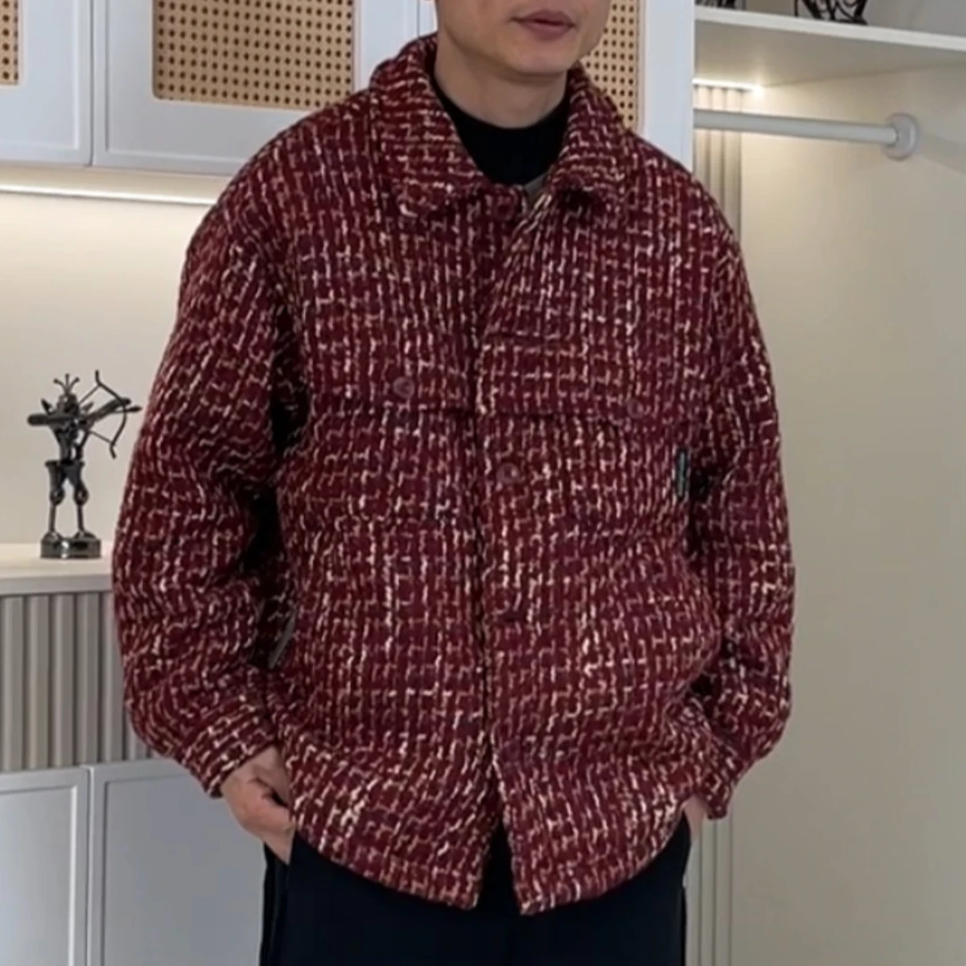 2024百搭加厚小香风韩版千鸟格冬季满印男士夹克外套保暖厚款翻领